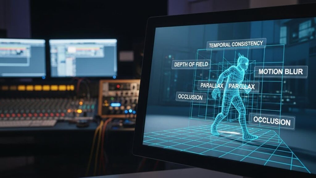 Digital overlay on a video frame highlighting AI motion control terms like Temporal Consistency.