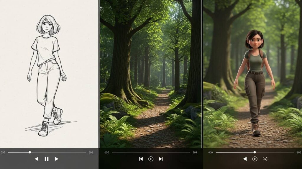 Whisk Animate workflow showing a character sketch being remixed into a 3D animated scene